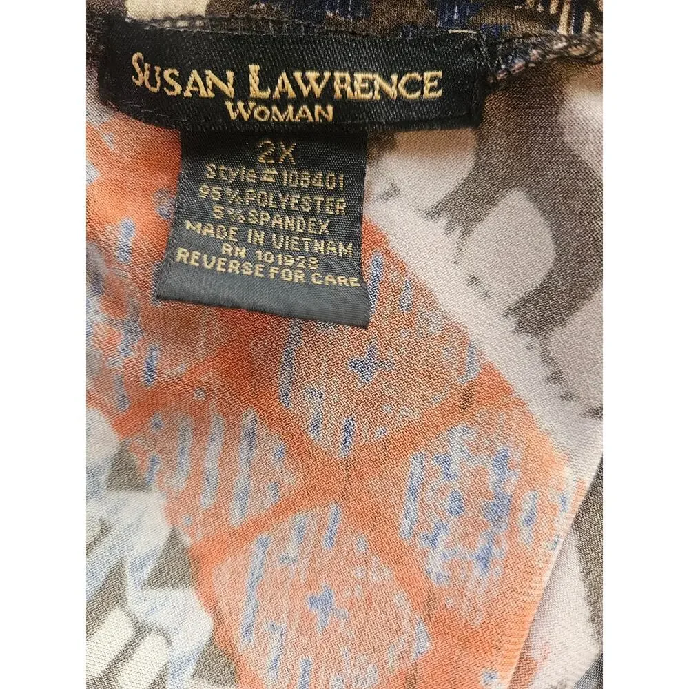 Susan Lawrence Brown Orange Geometric Maxi Dress Sz 2X Stretchy V Neck